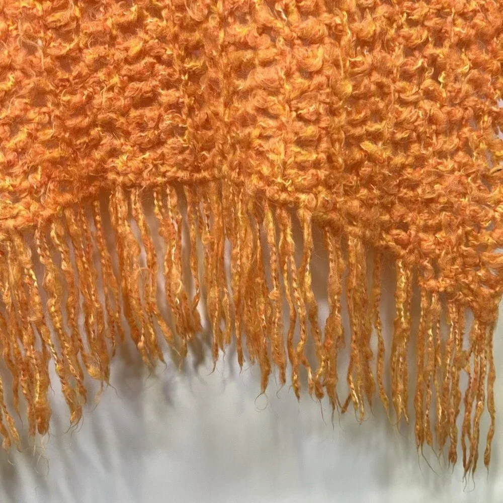 Vintage Handmade Orange Open-Weave Fringe Throw Retro Accent Blanket MCM Boho